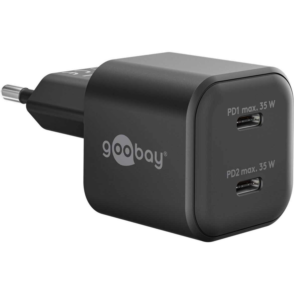 goobay USB-C Dual-Schnellladegerät Nano, PD, GaN, 35 Watt schwarz, 2x USB-C, Power Delivery 3.0