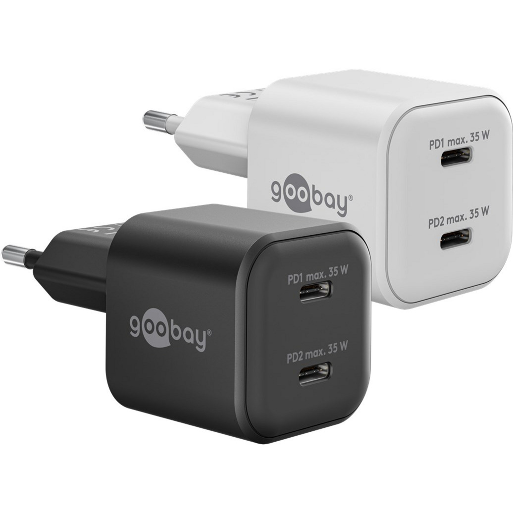 goobay USB-C Dual-Schnellladegerät Nano, PD, GaN, 35 Watt schwarz, 2x USB-C, Power Delivery 3.0