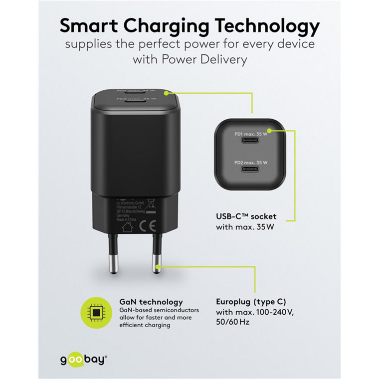 goobay USB-C Dual-Schnellladegerät Nano, PD, GaN, 35 Watt schwarz, 2x USB-C, Power Delivery 3.0