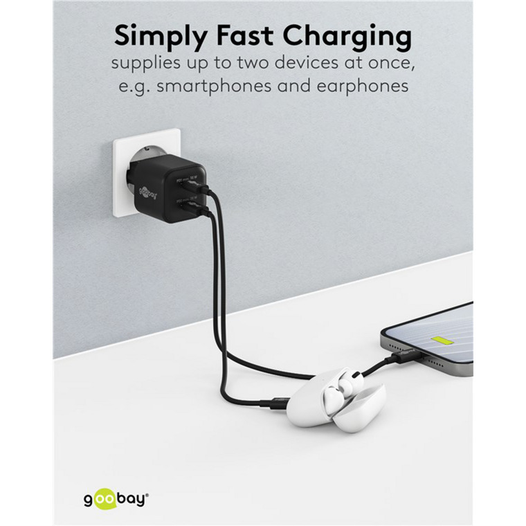 goobay USB-C Dual-Schnellladegerät Nano, PD, GaN, 35 Watt schwarz, 2x USB-C, Power Delivery 3.0