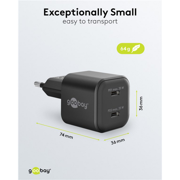 goobay USB-C Dual-Schnellladegerät Nano, PD, GaN, 35 Watt schwarz, 2x USB-C, Power Delivery 3.0