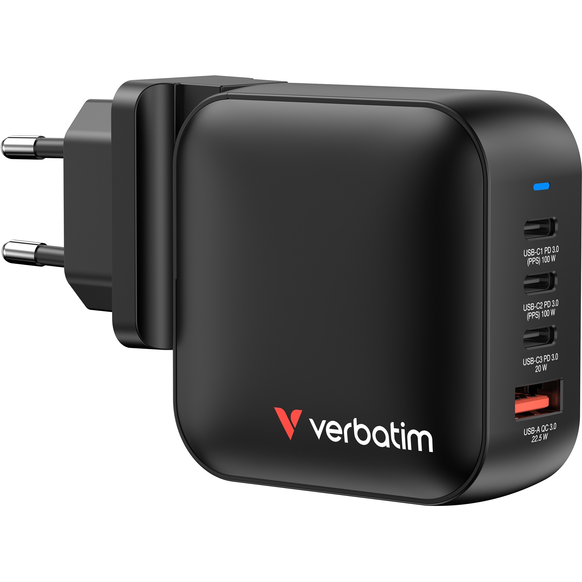 Verbatim Mini-GaN-Ladegerät 100W 4-Port, 1x USB-A , 3x USB-C schwarz, PD 3.0, QC 3.0