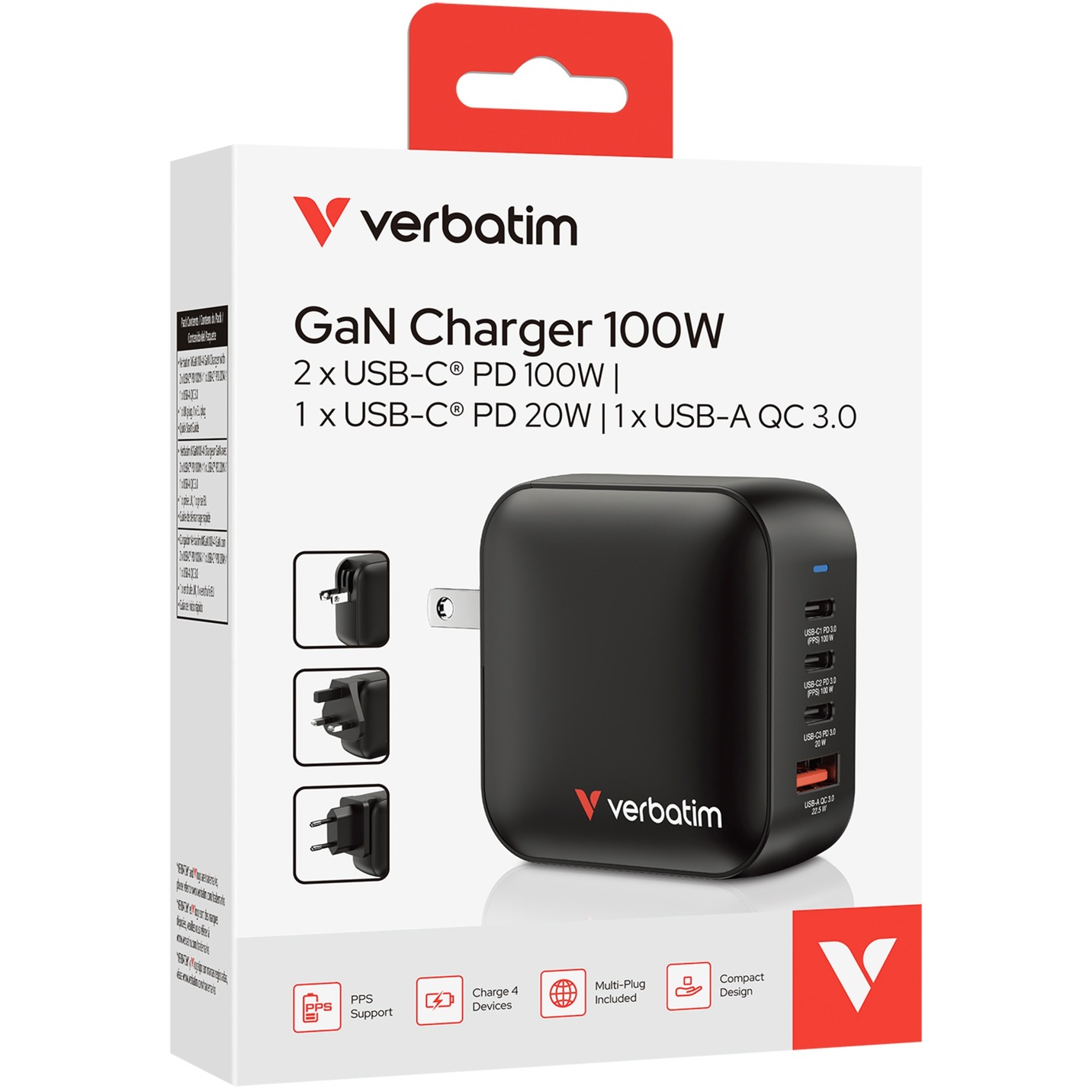 Verbatim Mini-GaN-Ladegerät 100W 4-Port, 1x USB-A , 3x USB-C schwarz, PD 3.0, QC 3.0