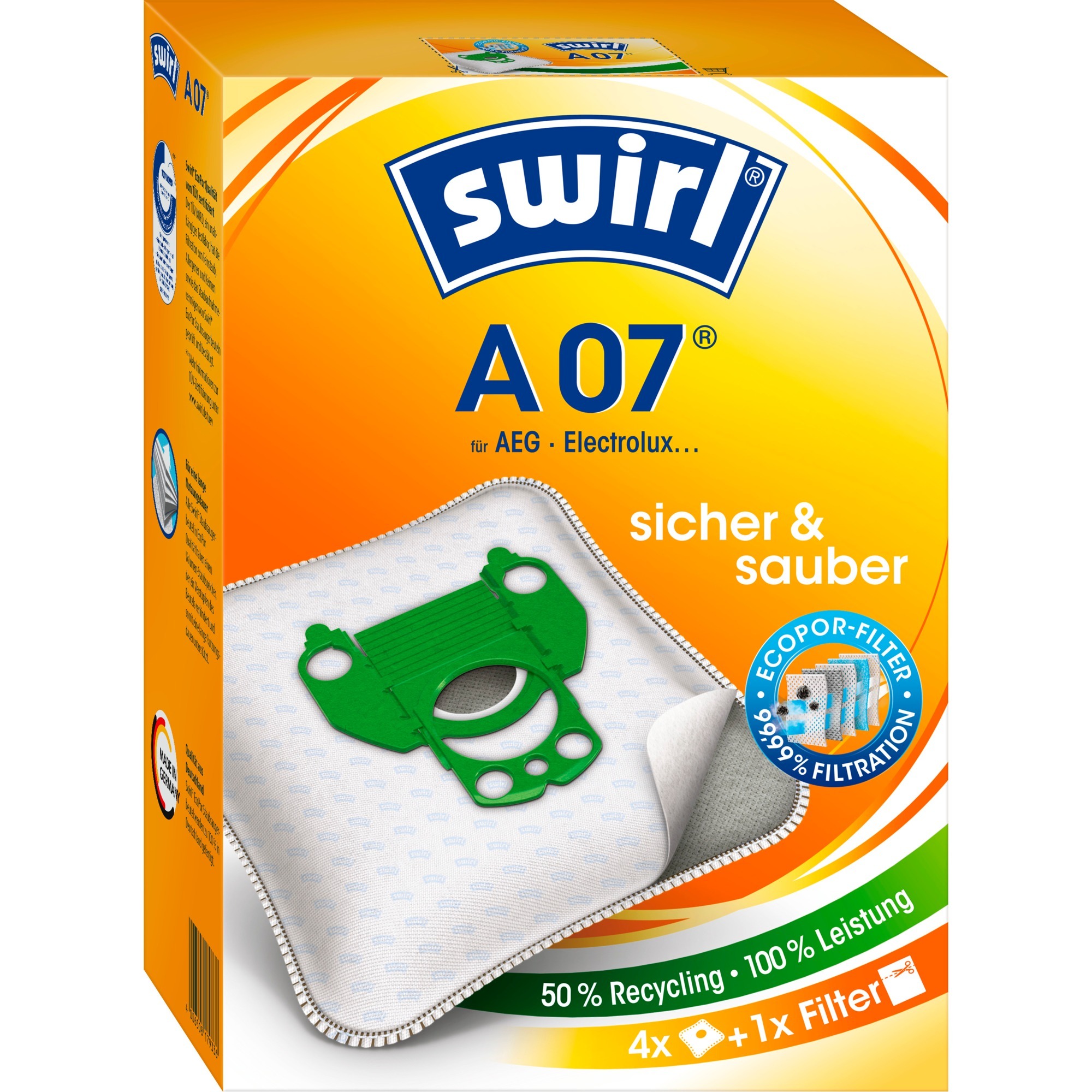 Swirl Staubsaugerbeutel A 07 MicroPor Plus Green 4 Stück Staubsaugerbeutel Ersatz Filter Staubsauger Beutel SWIRL