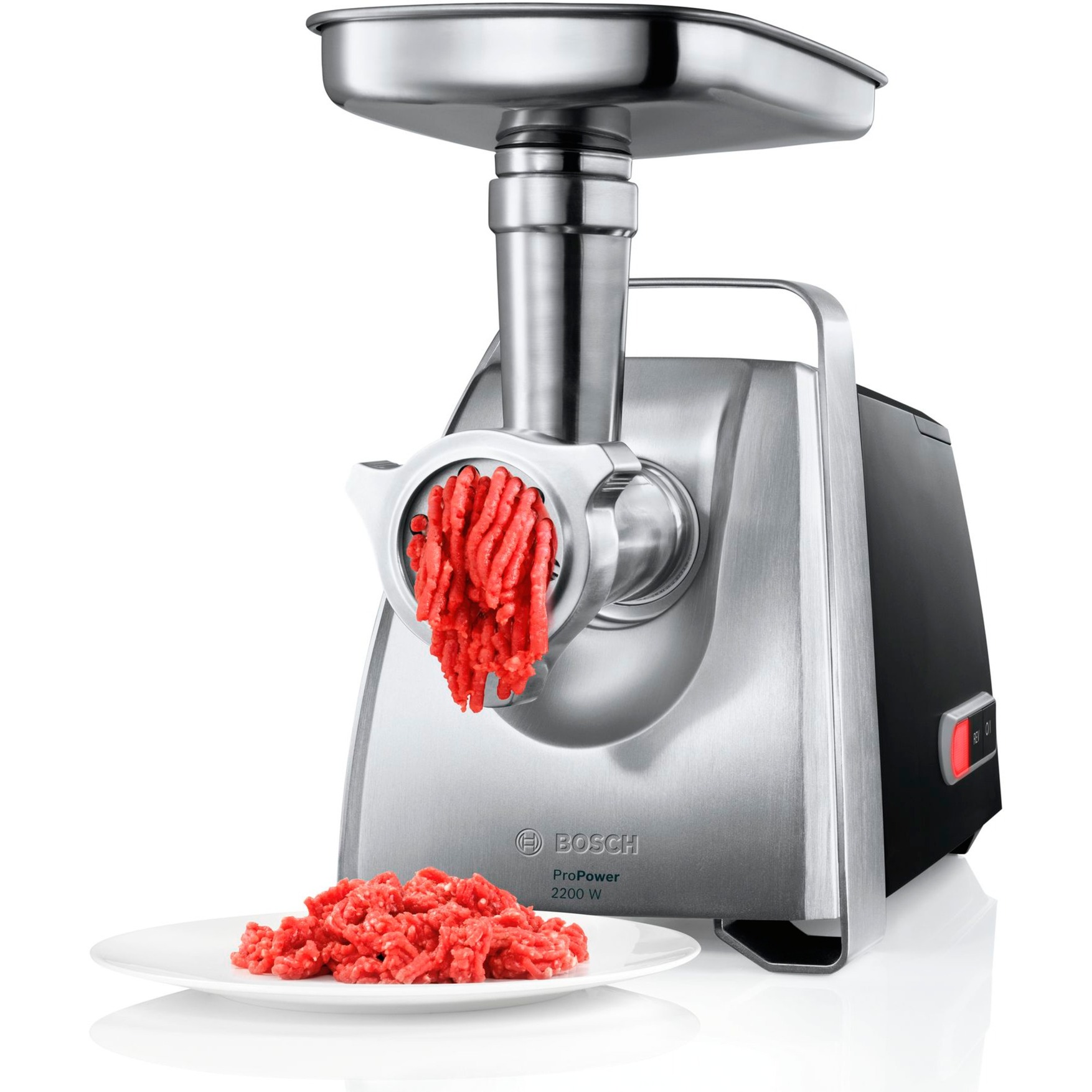 Bosch Fleischwolf ProPower MFW68660 silber/schwarz, 800 Watt, Fruchtpressen-, Schnitzler-, Wurstfüller- und Kebbe-Aufsatz