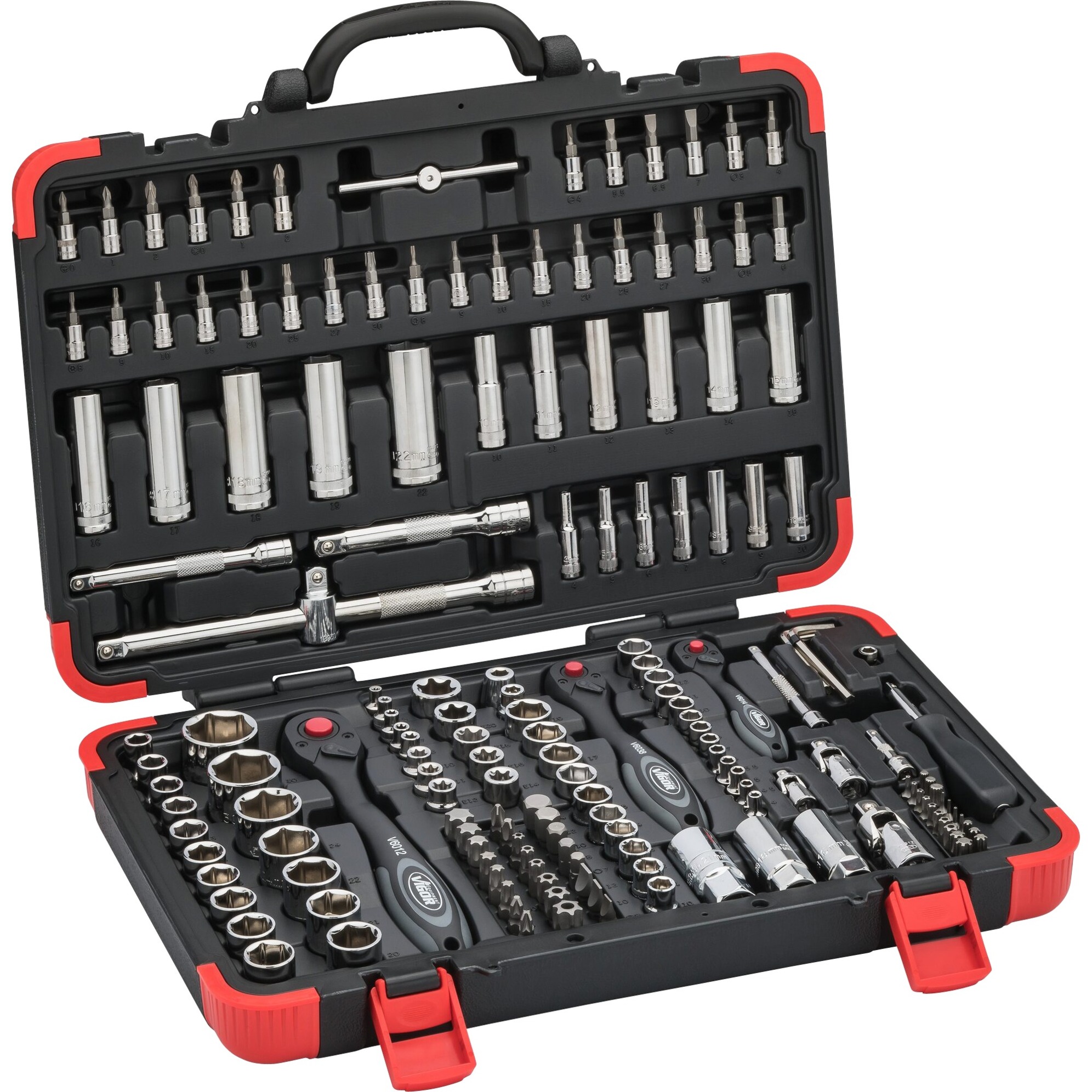 Steckschlüsselsatz, 1/4", 3/8", 1/2", mit 3 Umschaltknarren