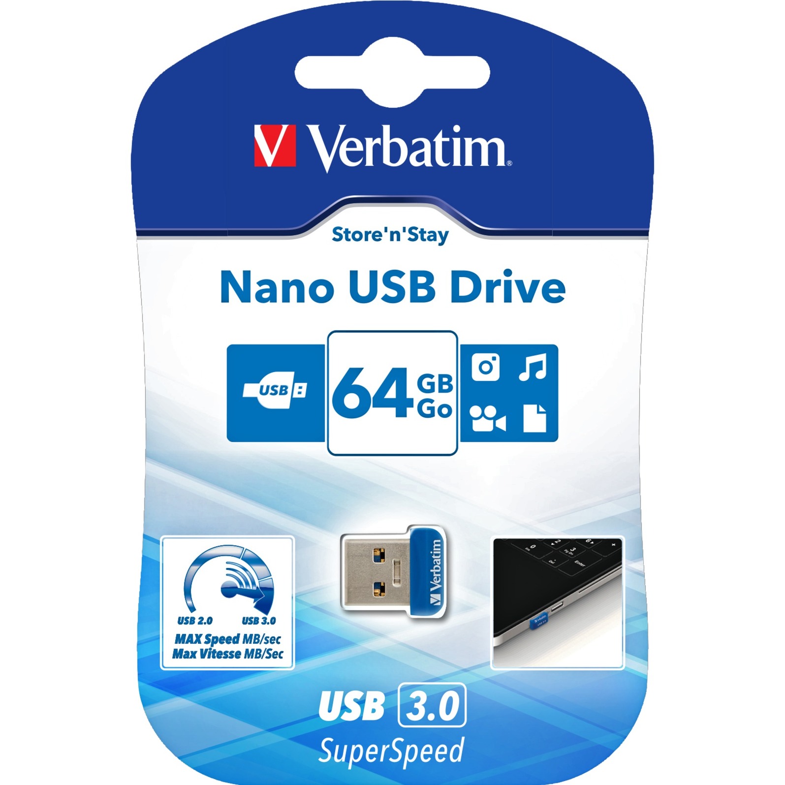 Verbatim Store 'n' Stay Nano 64 GB, USB-Stick blau, USB-A 3.2 Gen 1